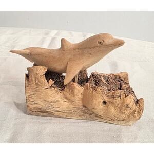Hand Carved Wooden Dolphin on Reaf Figurine Small 3 1/2" Tall 4" Wide (2 piece)